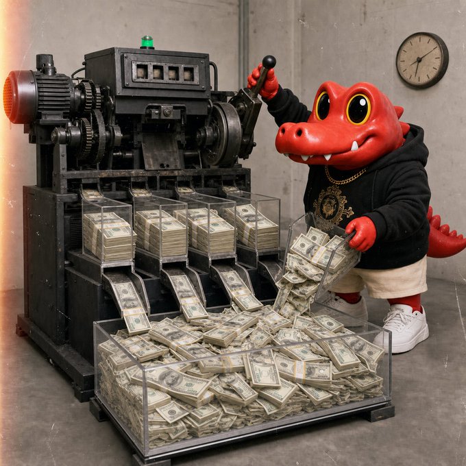 A red crocodile mascot wearing a black hoodie and gold chain stands next to an industrial machine actively counting and dispensing stacks of US dollar bills into a clear bin.