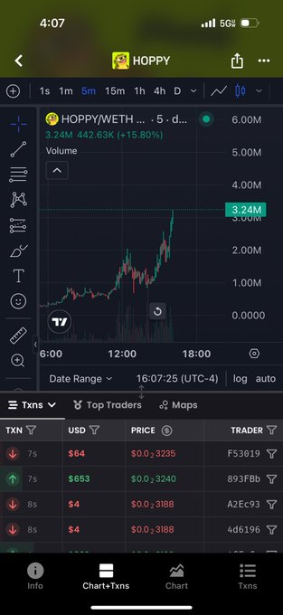 A TradingView-style chart of the HOPPY/WETH memecoin on Ethereum shows a sharp intraday rally with volume spiking to 3.24M (up 15.80%) and price climbing near $0.324, supporting the poster's bullish prediction that the token will reach a $100M market cap.