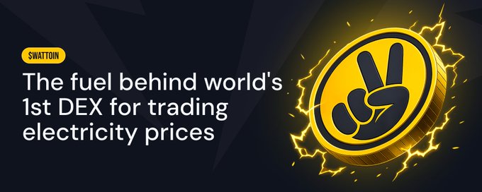 A promotional banner for SWATTON featuring the text 'The fuel behind world's 1st DEX for trading electricity prices' next to a gold coin logo with lightning effects.