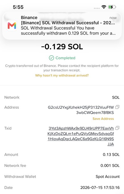 A screenshot of a Binance notification confirming a successful withdrawal of -0.129 SOL (amount 0.13 SOL minus 0.001 SOL network fee) from the Spot Account to address G2csU2YxgXzhekH25jP3132VuuFfW3wbCWQeem78f8KS on 2026-07-15, supporting the claim of sending $10 worth of SOL to followers.