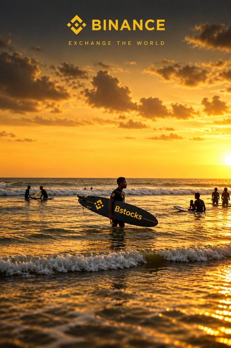 A surfer stands at sunset holding a surfboard branded "Bstocks," accompanied by the Binance logo and its tagline "Exchange the World" overhead. The image ties to the post by visually introducing @bstocksfinance as a creative, lifestyle-aligned partner within the Binance ecosystem.