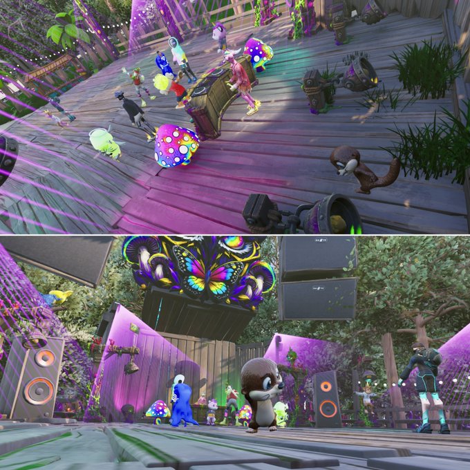 Two screenshots from a video game showing colorful cartoonish animals dancing in a vibrant, neon-lit party setting with speakers and a butterfly-shaped decoration.