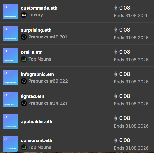 The image displays a list of seven ENS domain listings—custommade.eth, surprising.eth, braille.eth, infographic.eth, lighted.eth, appbuilder.eth, and consonant.eth—each priced at 0.08 ETH and expiring on 31.08.2026, with categories including "Luxury," "Top Nouns," and various "Prepunks" (#49701, #34221, #69022). This perfectly illustrates the post's point: ordinary ENS names with strong semantic meanings are being listed at uniform, seemingly unrealistic prices rather than reflecting their true market value.