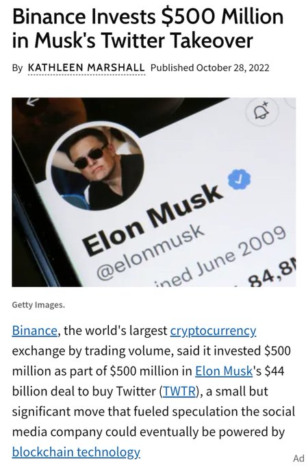 A news article headline reads "Binance Invests $500 Million in Musk's Twitter Takeover," published October 28, 2022, detailing that Binance, the world's largest cryptocurrency exchange, contributed $500 million to Elon Musk's $44 billion deal to acquire Twitter (TWTR), fueling speculation about potential blockchain integration. The image directly supports the accompanying post's claim about CZ (Binance CEO) investing $500M in Musk's X (formerly Twitter) acquisition, though the post's suggestion to "connect the dots" with $LUNC (Terra Luna Classic) appears unrelated to this specific Binance-Twitter deal.