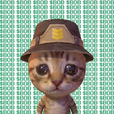 A meme image showing a cat wearing a military-style cap with yellow chevrons, set against a green background repeatedly displaying the text '$BOB'.