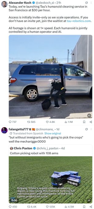 The image shows a tweet from Alexander Koch (@alexkoch) announcing Tau's humanoid cleaning service in San Francisco at $30/hour, with a photo of a person loading equipment into a minivan. Below it are related comments, including a joke about immigrants replacing mechanics with "Cotton picking robot with 108 arms," tying into the "algo" theme of automated AI systems replacing human labor.