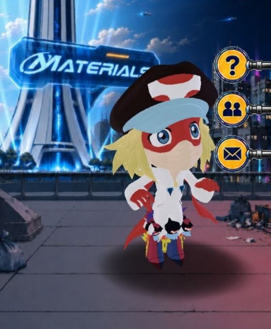 A 3D animated character in a red mask, white lab coat, and red cap runs in a futuristic city environment with a 'MATERIALS' sign and UI buttons for help, friends, and mail on the right.