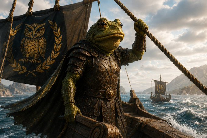 A regal toad clad in ornate armor stands at the helm of a wooden ship, gripping the ropes beside a black banner emblazoned with a golden owl, while another vessel sails the choppy seas in the distance—evoking the heroic journey of "$KEKODYSSEUS," a legendary amphibious odyssey upon the waters.