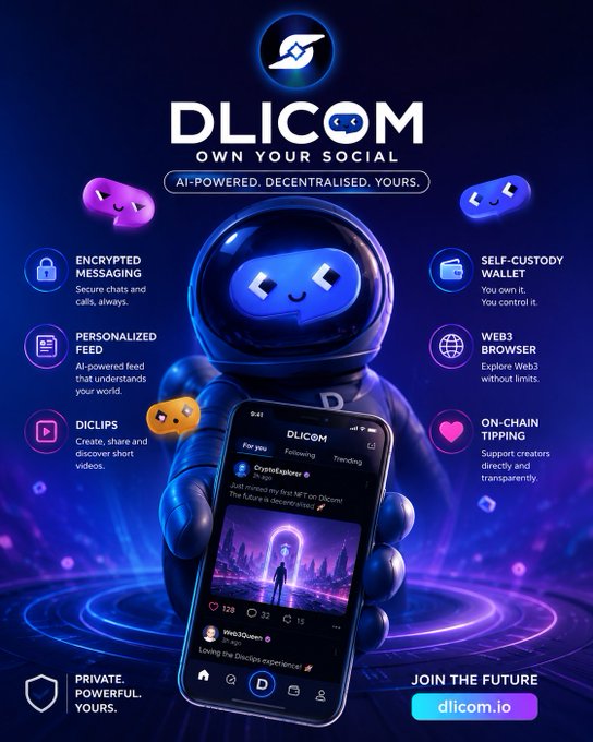 The image features an advertisement for a social media app called @DlicomApp, which promotes the idea of owning your own social media experience. The poster displays various elements related to the app's features, such as a blue robot character holding a phone, a shield symbolizing privacy and security, and a list of features like messaging, calls, self-custody, and web3 integration. The post encourages users to join the future by using the app for their social media needs.