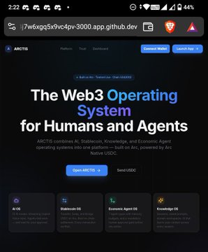 A mobile screenshot of a GitHub Pages website promoting ARCTIC OS, described as 'The Web3 Operating System for Humans and Agents,' built on Arc, featuring call-to-action buttons for starting and launching the app.
