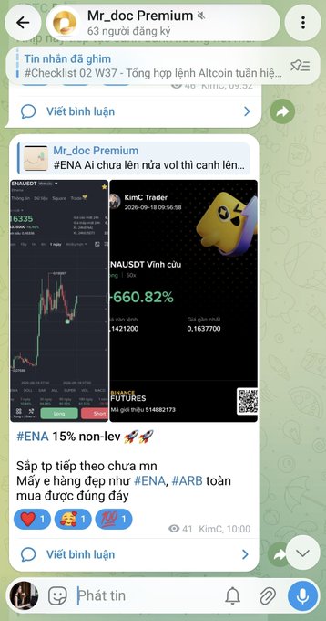 A Telegram channel screenshot titled 'Mr_doc Premium' with 63 subscribers featuring a pinned message '#Checklist 02 W37 - Tổng hợp lệnh Altcoin tuần hiện tại' and a trading post showing ENAUSDT perpetual contracts from KimC Trader, with text '#ENA 15% non-lev' and Vietnamese commentary about ENA and ARB altcoins.