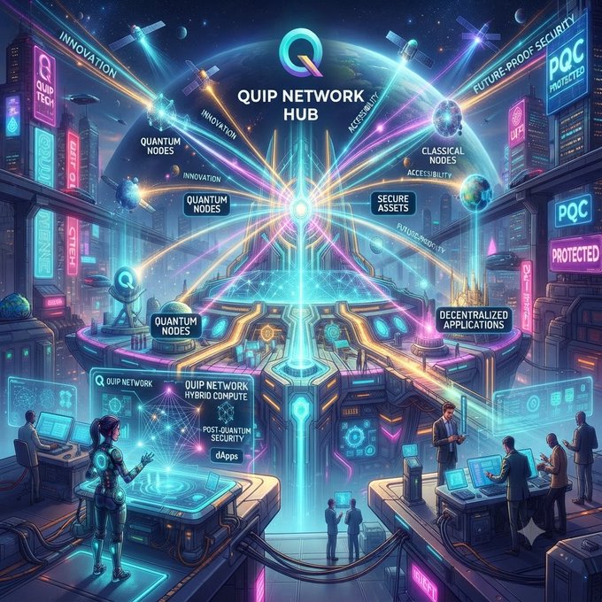 A vibrant futuristic digital artwork depicting the QUIP NETWORK HUB, featuring labels such as QUANTUM NODES, CLASSICAL NODES, SECURE ASSETS, PQC PROTECTED, and DECENTRALIZED APPLICATIONS in a sci-fi cyberpunk cityscape.
