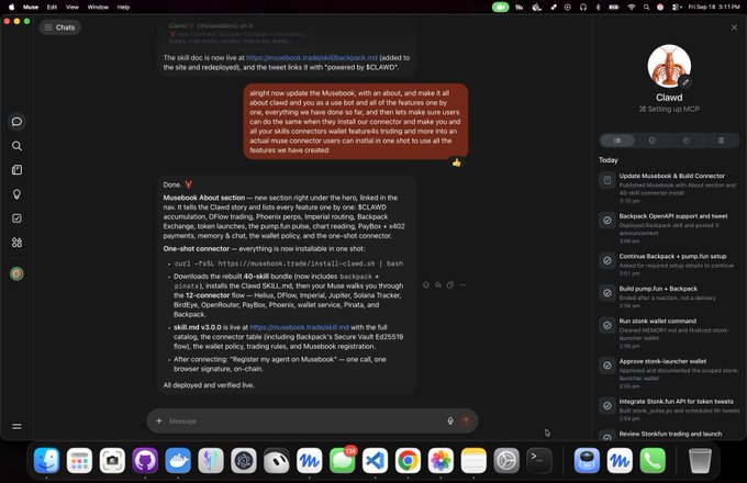 A chat application interface (appears to be Clawed/Claude-related MCP) showing technical discussion about Clawd SDK, Backpack exchange API integration, and project roadmap with tasks listed in the right sidebar.