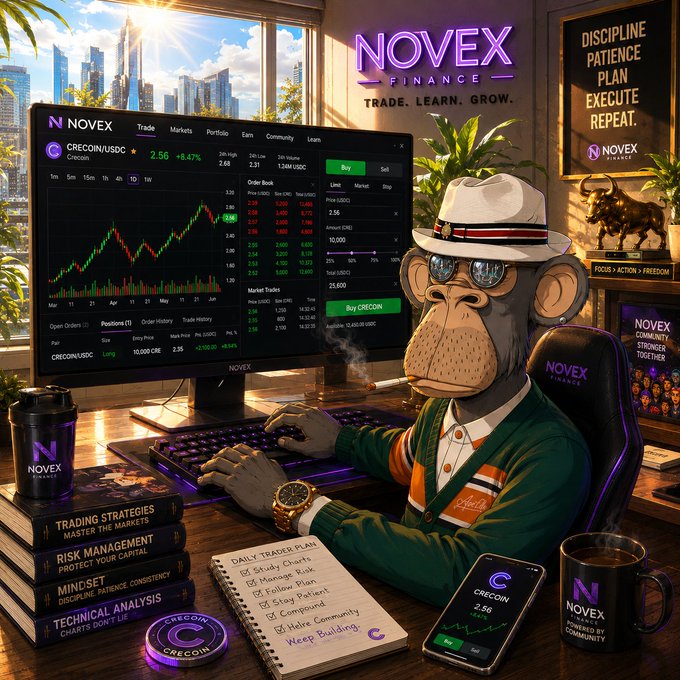 A digital illustration of an anthropomorphic monkey dressed in a suit and fedora, smoking a cigar while trading 'CRECOIN/USDC' on the 'NOVEX FINANCE' platform, with motivational phrases like 'DISCIPLINE PATIENCE PLAN EXECUTE REPEAT' and 'TRADE. LEARN. GROW.' visible around the scene.