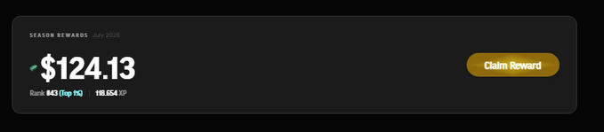 The image shows a "Season Rewards" banner from July 2026 displaying a $124.13 reward with a "Claim Reward" button, alongside the user's rank of 643 (Top 1%) and 118,554 XP. This relates to the post's celebration of receiving a stimmy payout from @upshot_cards and enthusiasm to participate in another season.