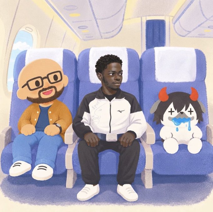 An illustration of a young Black man in a black and white jacket sitting on an airplane, flanked by a cartoon avatar on the left and a crying cartoon character with red horns on the right.