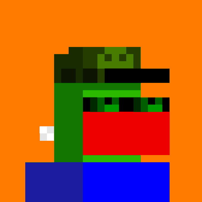 Pixel art character on a bright orange background featuring a green figure wearing a dark cap, holding a large red rectangular object, with a white hand visible and blue base.