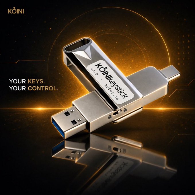 A product advertisement for the 'KÖNIKeyStick v.1.0,' a metal USB drive-style hardware wallet with the tagline 'YOUR KEYS. YOUR CONTROL.'