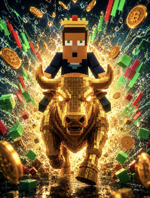 A Minecraft-style blocky character wearing a crown rides a golden pixelated bull through an explosive scene of flying Bitcoin coins and green/red candlestick charts.