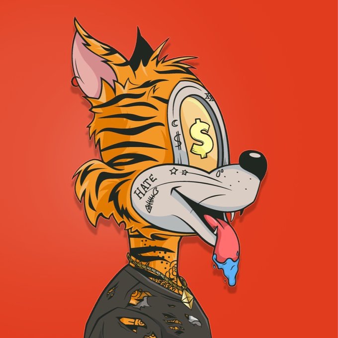 A cartoon illustration of a stylized orange and black tiger-like creature with a dollar sign ($) on its forehead, a large open mouth, and tongue out, against a bright red background.