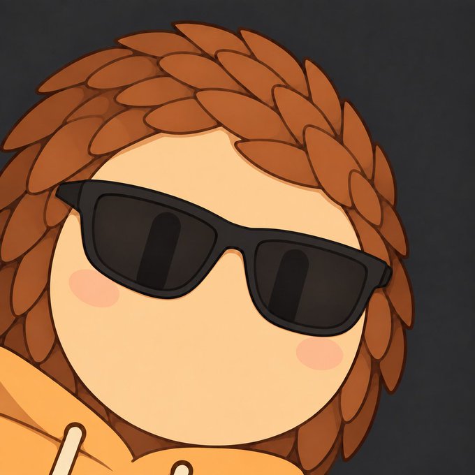 A cartoon-style digital avatar of a person with brown hair wearing black sunglasses and a yellow hoodie against a dark background.