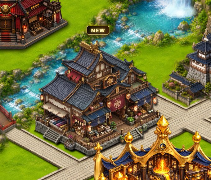 A screenshot from a city-building or strategy game featuring an ornate East Asian-style building with a 'NEW' label, surrounded by a stream, greenery, and other structures.