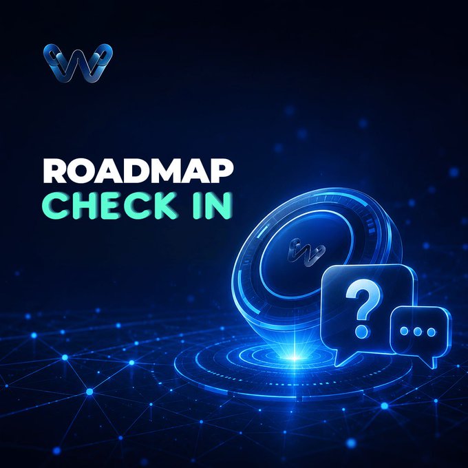 A blue-themed promotional graphic features a 'W' logo and the text 'ROADMAP CHECK IN' alongside speech bubble icons with a question mark and ellipsis.
