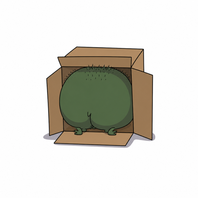 A cartoon illustration of a large, round, green creature covered in sparse hair fitting awkwardly inside a brown cardboard box, showing only its backside.