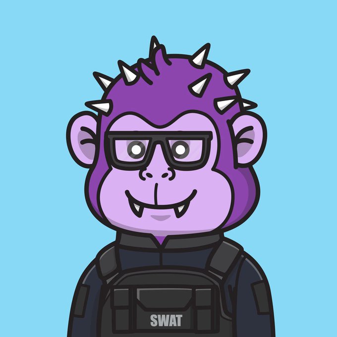 A cartoon purple monkey with spiky fur, black glasses, fangs, and a SWAT vest smiles against a light blue background, with "SWAT" labeled on its chest armor. The bold, edgy mascot design fits the promotional post announcing a live NFT mint on OpenSea, using the tough-looking character to hype the collection launch.
