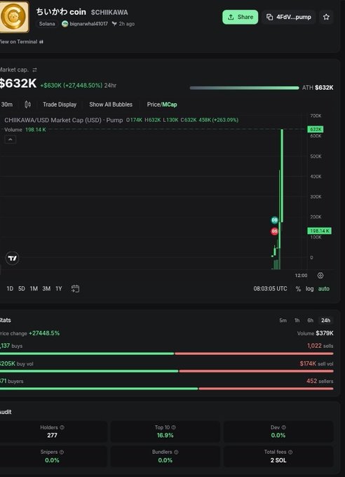 A screenshot of a DEX trading chart shows the CHIIKAWA/USD token on Solana pumping to a market cap of $632K with a +27,448.50% gain over 24 hours, aligning with the post's claim of a 13x return. The chart displays a massive vertical price spike, supporting the author's experience of the token rapidly multiplying in value within minutes.