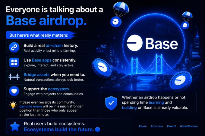 A dark blue infographic titled "Everyone is talking about a Base airdrop" with the headline "But here's what really matters," featuring a glowing "Base" logo, a stylized bridge, parachuting coin tokens, and city skyline, alongside bullet points advising users to build on-chain history, use Base apps consistently, bridge assets when needed, support the ecosystem, and that real users build ecosystems. The image visually reinforces the post's message about focusing on genuine engagement with the Base network rather than chasing airdrop rumors.