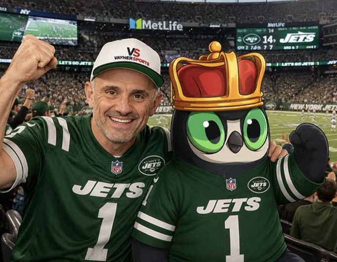 A composite image showing a man in a New York Jets #1 jersey and a 'VaynerSports' cap cheering at MetLife Stadium, alongside a cartoon owl mascot wearing a Jets jersey and a golden crown.
