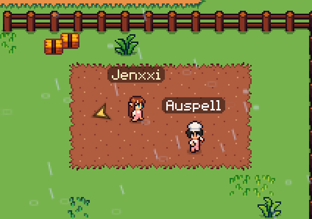 A pixel art farming game scene showing two characters named 'Jenxxi' and 'Auspeli' standing in a tilled dirt field while it rains, with a wooden fence in the background.