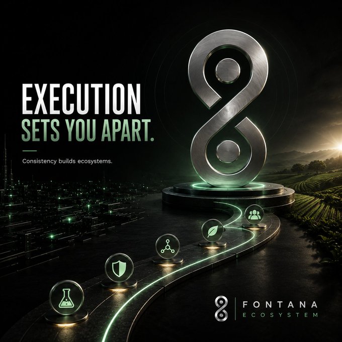 A dark promotional graphic for 'Fontana Ecosystem' featuring a large metallic number 8 and the text 'EXECUTION SETS YOU APART. Consistency builds ecosystems.'