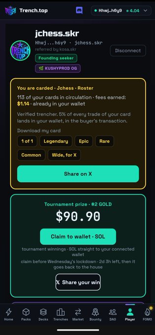 A mobile screenshot of the Trench.top app showing a 'jchess.skr' card listing with 'You are carded' status, featuring tags like Legendary, Epic, Rare, and Common, along with a tournament prize of $90.90 available to claim.
