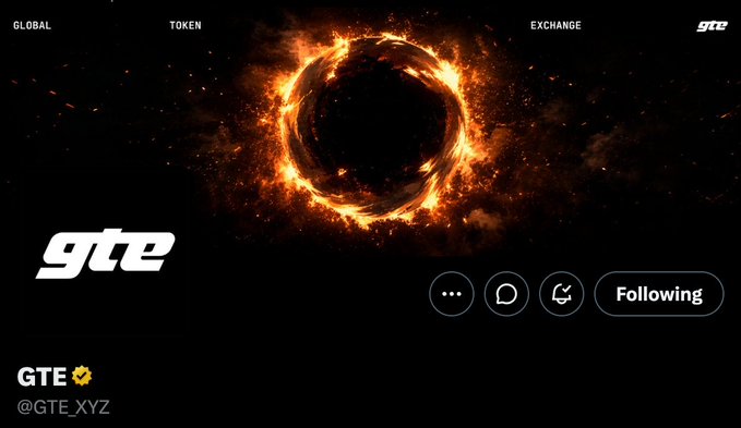 A Twitter/X profile header for GTE (@GTE_XYZ) featuring a fiery portal logo, with navigation labels 'GLOBAL', 'TOKEN', and 'EXCHANGE' at the top.