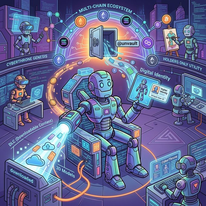A vibrant digital illustration depicts a 'MULTI-CHAIN ECOSYSTEM' with a central robot at a computer, surrounded by other robots, cryptocurrency icons, and features text including '@unvault', 'CyberThrone Genesis', 'Digital Identity', and 'DLC Downloadable Content'.