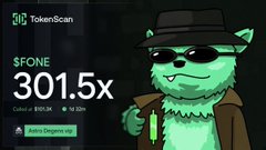 A cartoon green goblin mascot wearing a hat and sunglasses for TokenScan, showing '$FONE 301.5x' and an 'Auto Organic up' button.