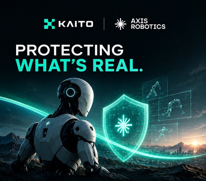 A promotional banner for KAITO and AXIS ROBOTICS featuring a humanoid robot with a glowing green shield and the tagline 'PROTECTING WHAT'S REAL.'