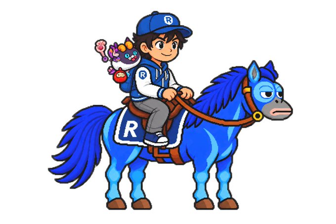 A cartoon illustration of a boy in a blue cap and letterman jacket with an 'R' on it, riding a blue horse and holding a small colorful creature.