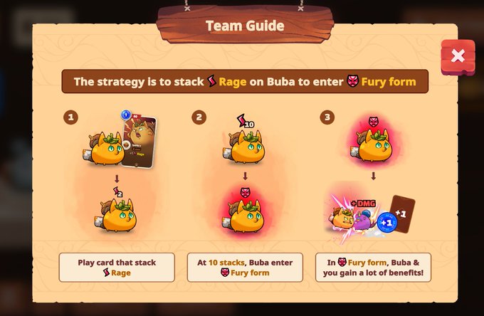 A "Team Guide" tutorial pop-up in Axie Origins explains a three-step strategy for stacking "Rage" on the character Buba to unlock "Fury form," showing visual progression from playing cards to gaining attack (DMG) and speed (+1) benefits. The image illustrates the game's accessible in-game tutorials mentioned in the post, highlighting how Origins guides new players through character mechanics as part of their onboarding experience.
