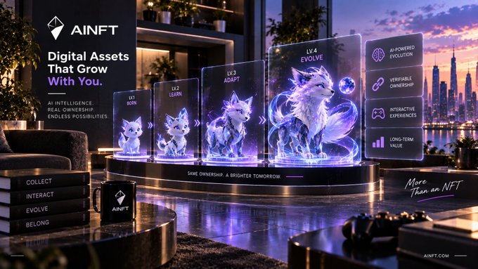 An advertisement for AINFT featuring the tagline 'Digital Assets That Grow With You' and 'AI Intelligence, Real Ownership, Endless Possibilities,' showcasing evolving wolf-like digital creatures across levels LV1-LV4.