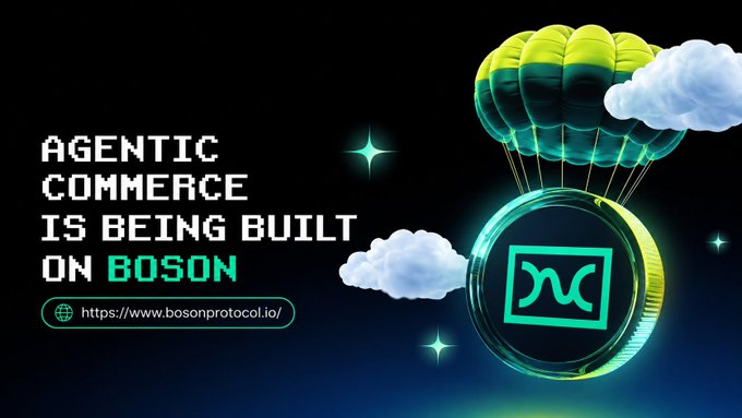 A promotional image featuring a coin with the Boson Protocol logo attached to a green and yellow parachute against a dark starry sky with clouds, alongside the text "AGENTIC COMMERCE IS BEING BUILT ON BOSON" and the URL https://www.bosonprotocol.io/.

The image directly illustrates the post's message about agent commerce being built on Boson Protocol's infrastructure, with the parachuting coin visually symbolizing how third-party builders can deploy their own agent commerce products "on" Boson's underlying transaction rails.