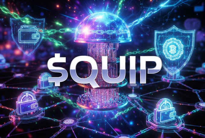 The image is an advertisement with a futuristic graphic design featuring a large silver globe surrounded by various digital elements such as neon lights and codes written above or below it. The most prominent element is the word "QUIP" placed directly beneath the globe. Below that, there are images of a wallet, a shield, and a lock in different colors. The words "STI" and "$QUIP" also appear, but only briefly as part of the design without any additional text or visual content to explain their relationship with the graphic.