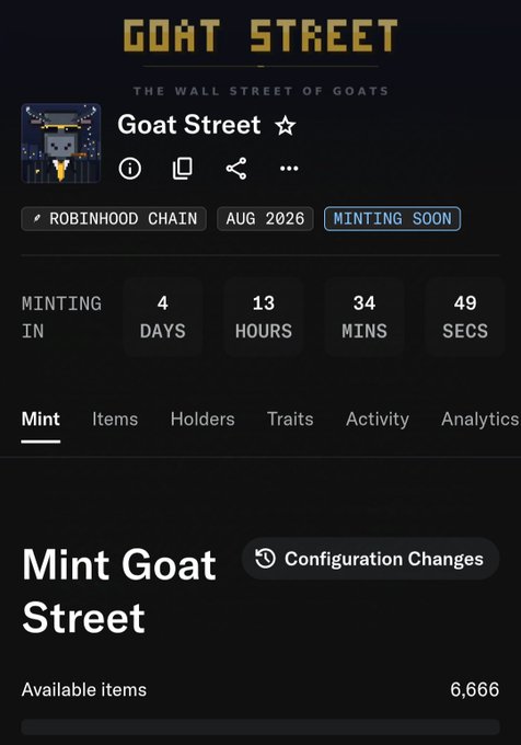Goat Street NFT collection page showing a free mint countdown of 4 days, 13 hours, 34 minutes, 49 seconds on Robinhood Chain in August 2026, with 6,666 available items. The image aligns with the post announcing Cashmere Labs' Goat Street NFT free mint on August 28th with a 6,666 supply.
