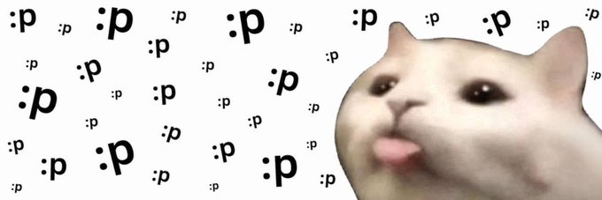 A crying white cat with its tongue out appears on the right side of the image, surrounded by repeated ":p" emoticon text scattered across a white background, serving as the community-added banner image for the Solana token "$:p" on Moby.
