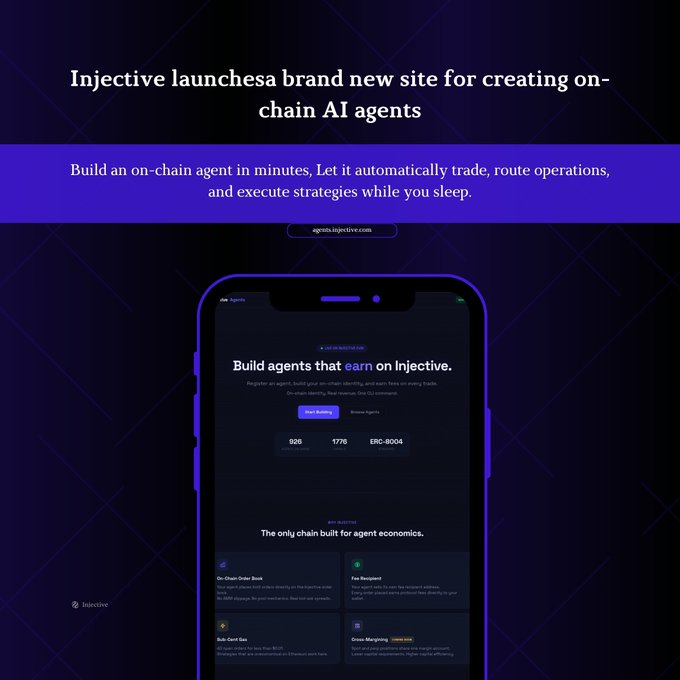 The image features an iPhone displaying a website called "injective" with a purple background. The website appears to be related to AI agents, as indicated by the text that reads "Build agents that earn on-demand". This suggests that the app is designed for users who want to create their own AI agents and manage them independently in real time.
