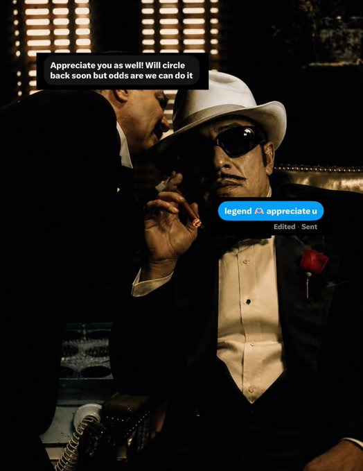 A meme image featuring characters from The Godfather, with a text bubble reading "Appreciate you as well! Will circle back soon but odds are we can do it" and a blue iMessage sticker saying "legend appreciate u".