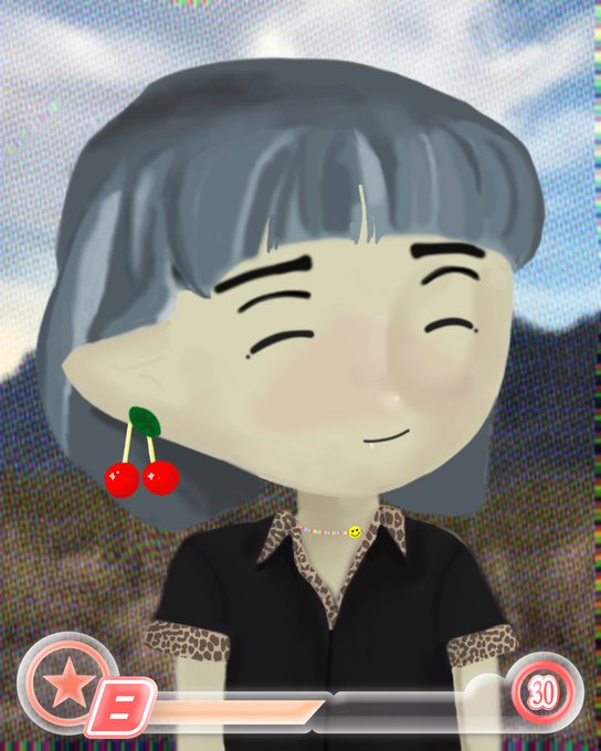 A digital avatar of a smiling girl with short gray hair and cherry earrings appears in a stylized game-like interface featuring a star icon, an 'E' button, and a timer showing '30'.