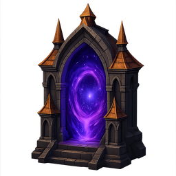 Digital artwork depicting a gothic stone archway with orange rooftops framing a glowing purple magical portal.